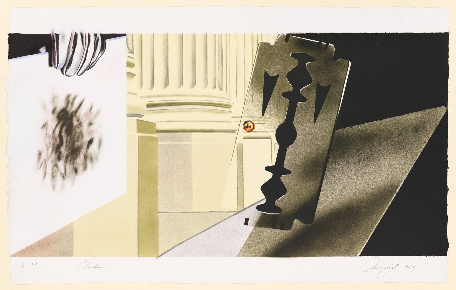 A large razor blade-shaped sculpture stands upright casting a long shadow inside a pale room.