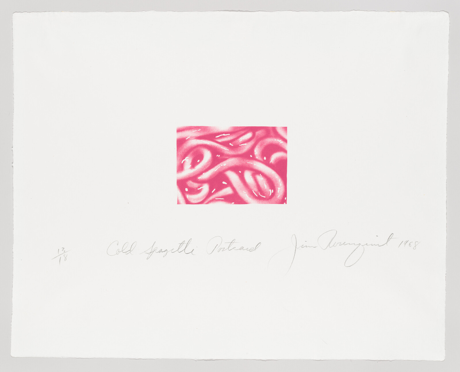 Small pink abstract square with looping noodle-like shapes centered on a large white paper.