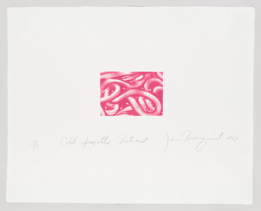 Small pink abstract square with looping noodle-like shapes centered on a large white paper.