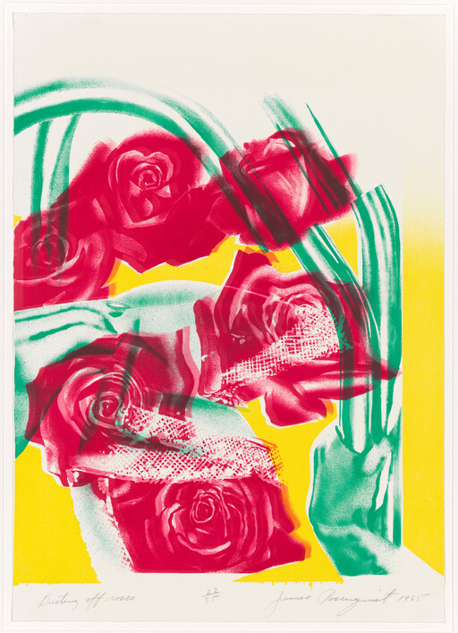 Bright red roses overlapping green stems and hands against a bold yellow background.