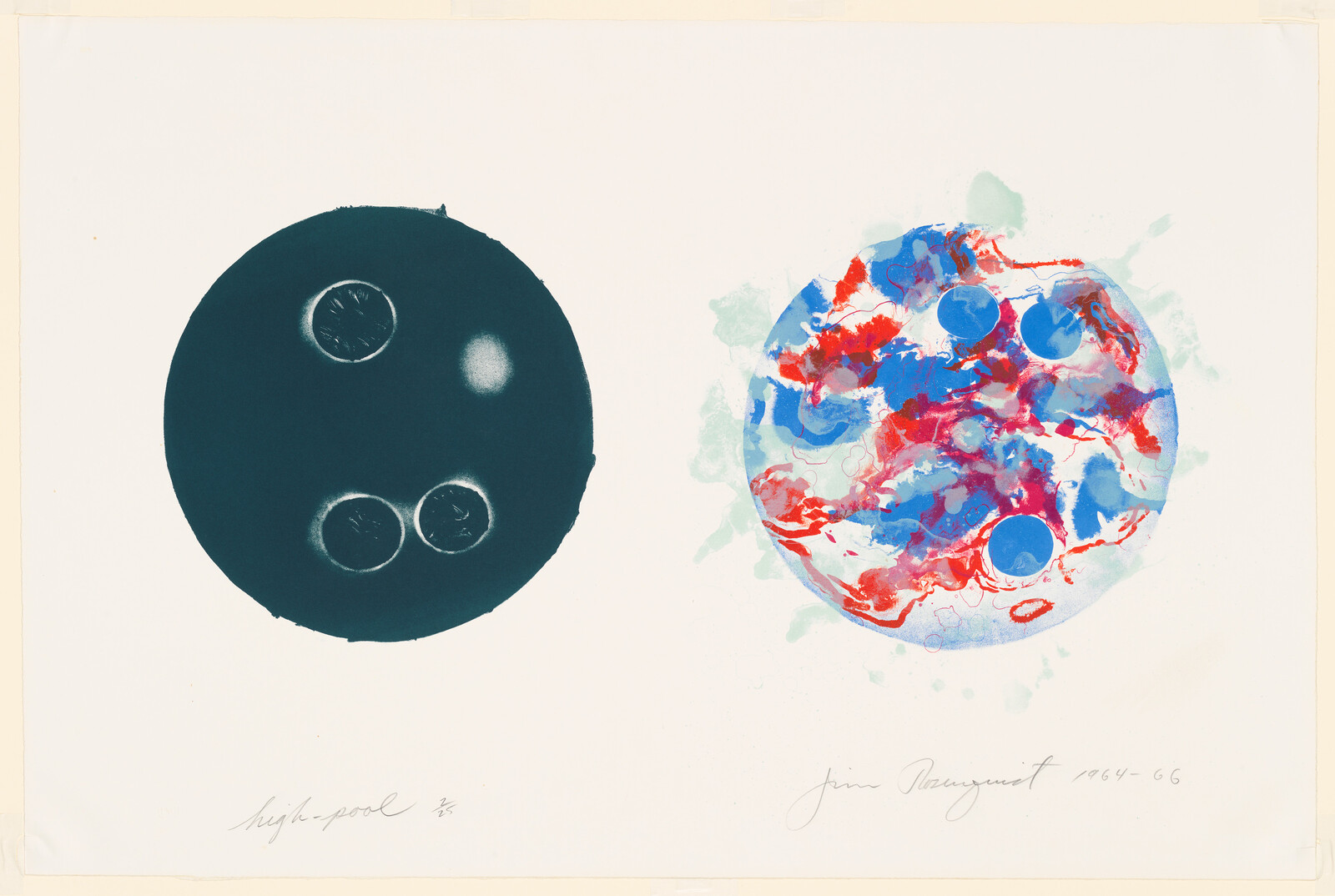Two circular prints sit side by side, one dark with small rings and one colorful marbled.