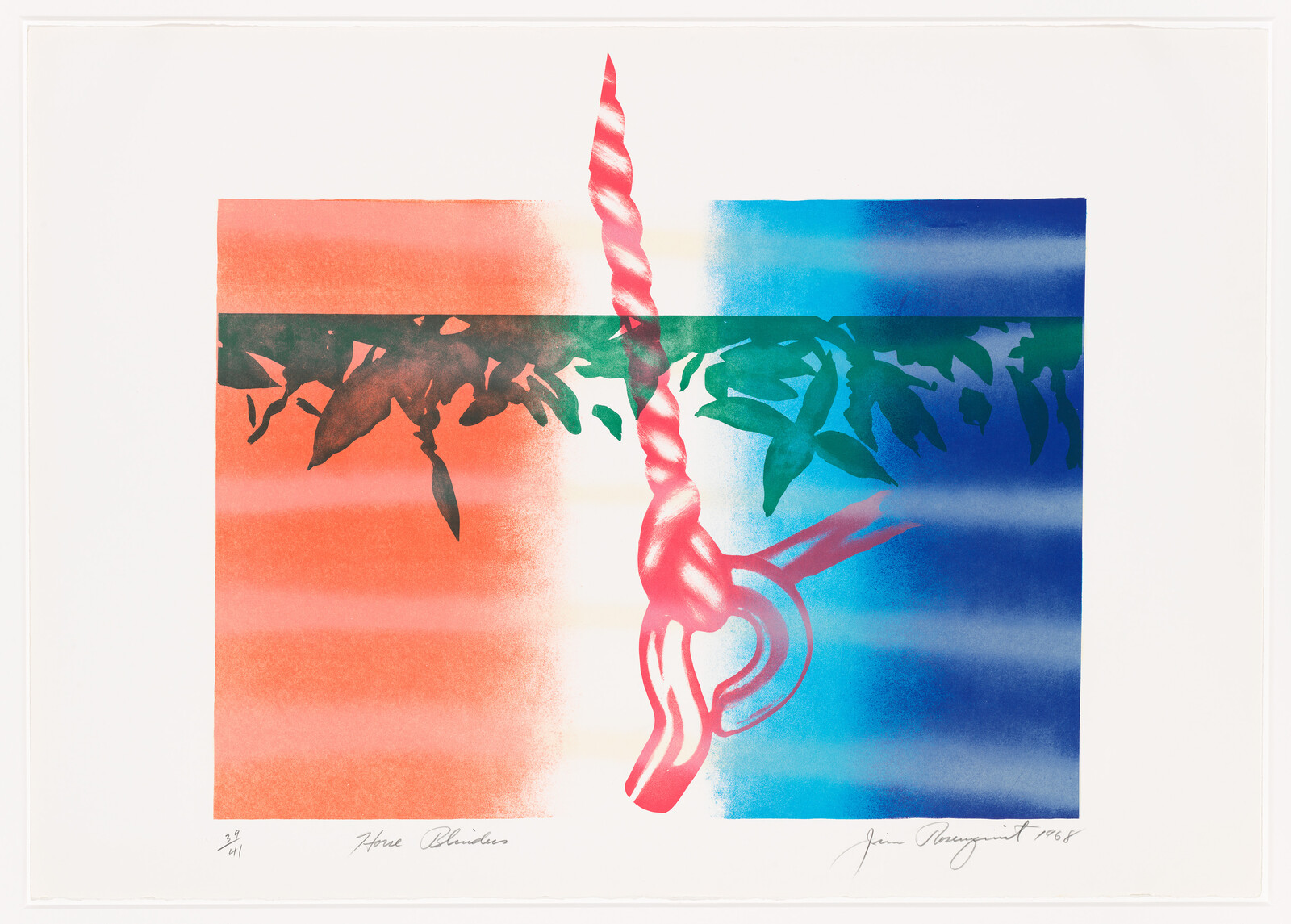 A twisted pink rope hangs between red and blue color blocks beneath green leafy silhouettes.