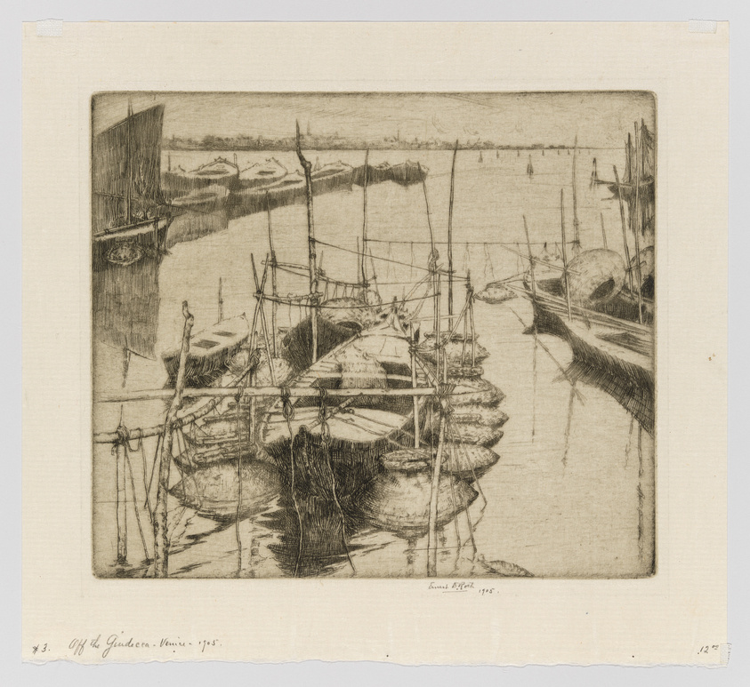 Detailed etching of a busy harbor with numerous sailing ships moored at the docks, featuring intricate rigging and reflections on the water, signed "Emil Orlik 1905" and titled "Off the Giudecca - Venice - 1905."