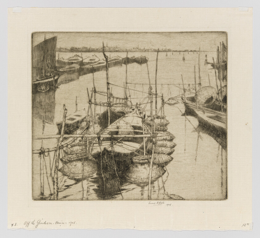 Old wooden boats tied to poles in a quiet harbor with reflections on the water.
