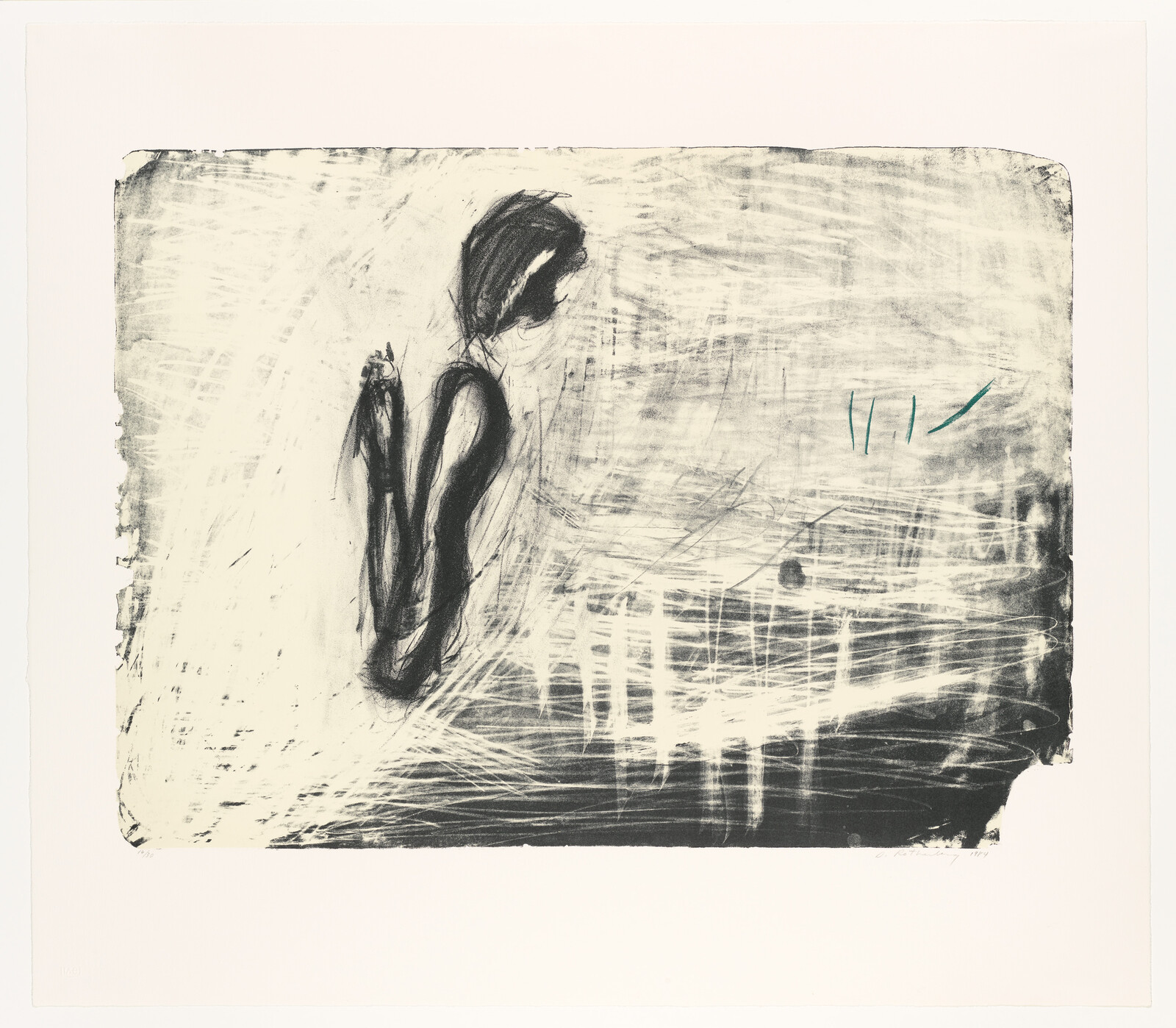 A solitary hunched figure sitting against a scratched, textured background.
