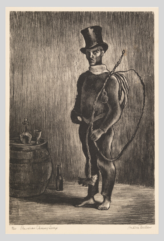 Man in a top hat stands barefoot holding a coiled rope or whip beside a barrel with bottles.