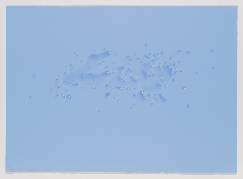 A cluster of clear water droplets scattered on a smooth light blue surface.