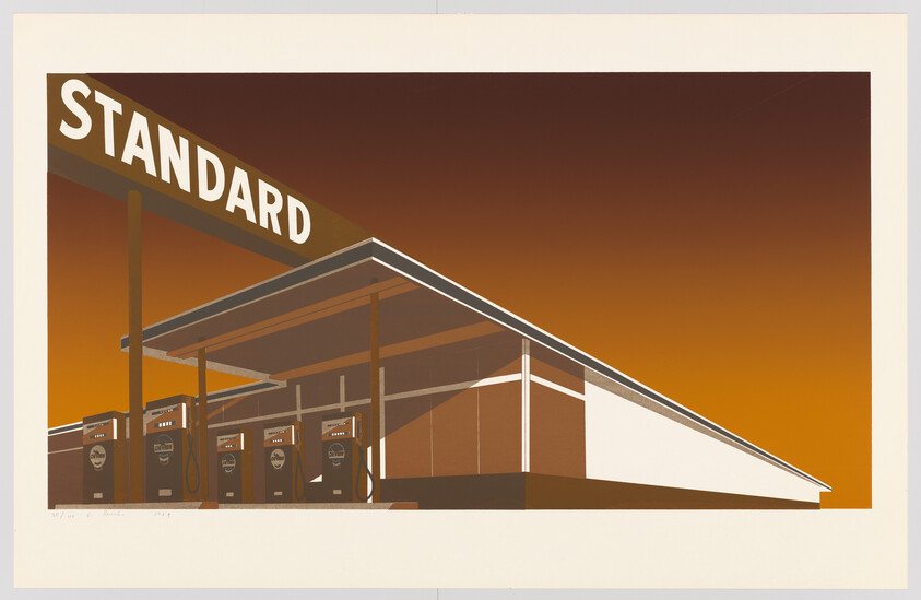 A retro gas station with four pumps under a large canopy and a sign reading "Standard".