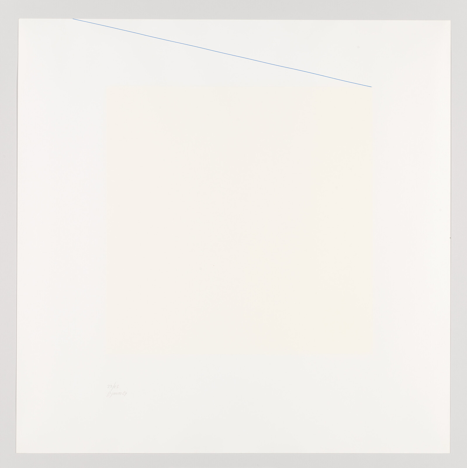 Large pale square centered on white paper with a thin diagonal blue line near the top.