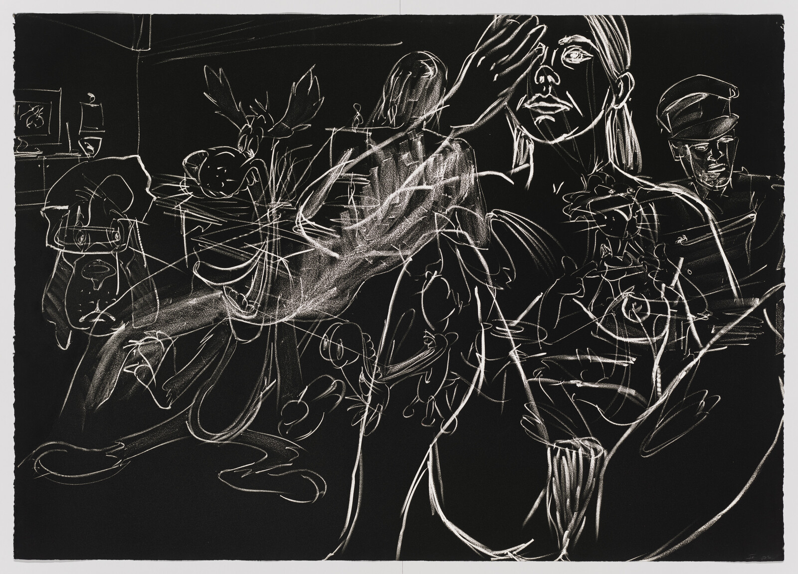 A woman covers one eye with her hand amid chaotic white-chalk sketches of people and animals.