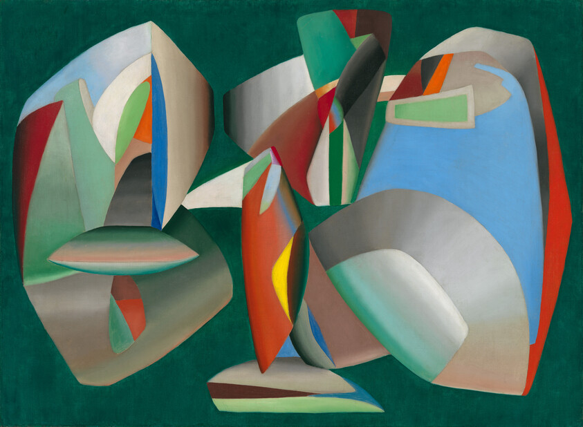 Abstract composition of colorful overlapping curved shapes and planes against a deep green background.
