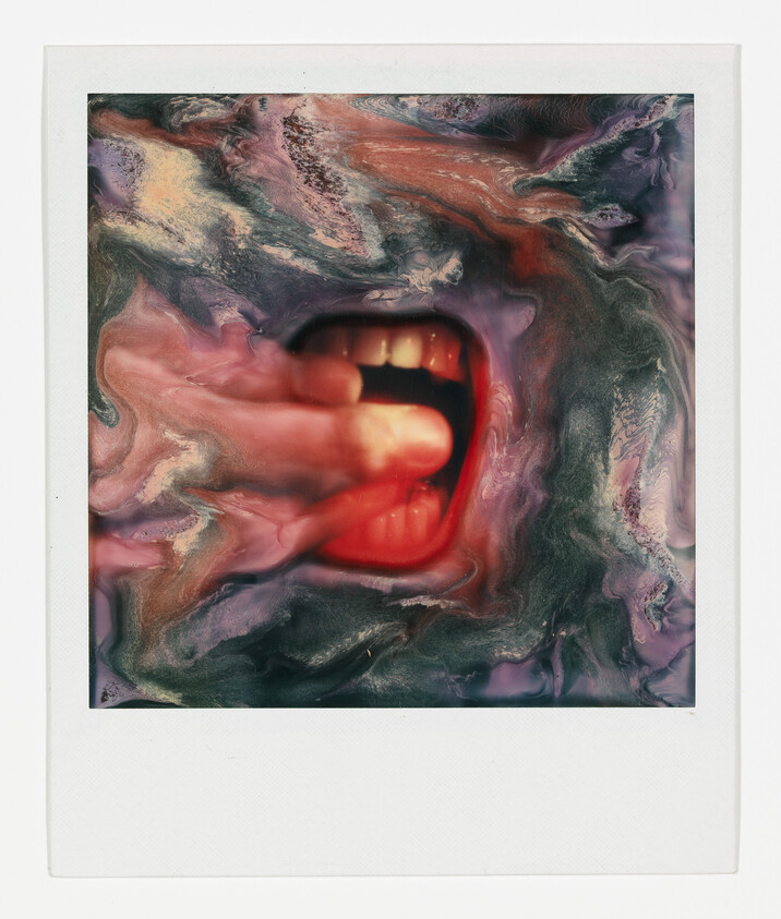 A red open mouth with fingers inside surrounded by swirling marbled purple and pink patterns.
