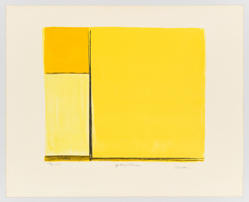 Large yellow rectangular block next to smaller yellow panels separated by thin black lines on cream paper.
