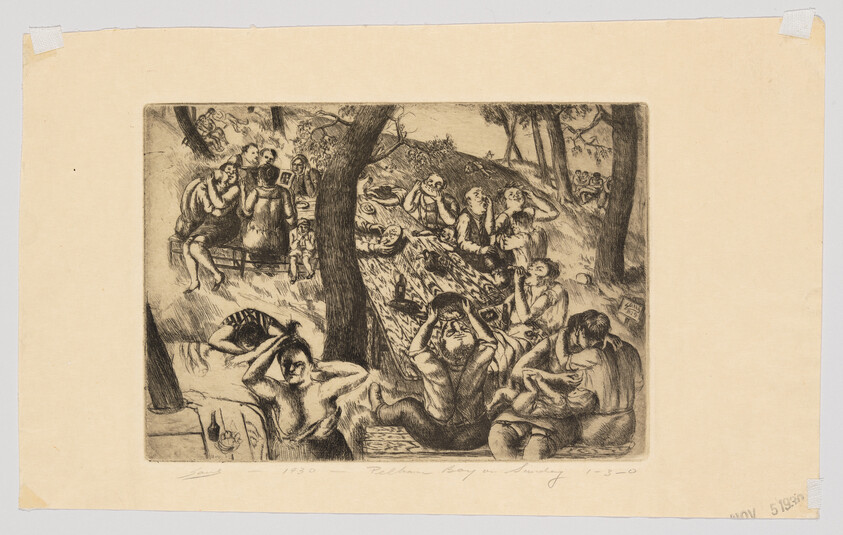 A group of people lounging and eating under trees during a busy outdoor picnic.