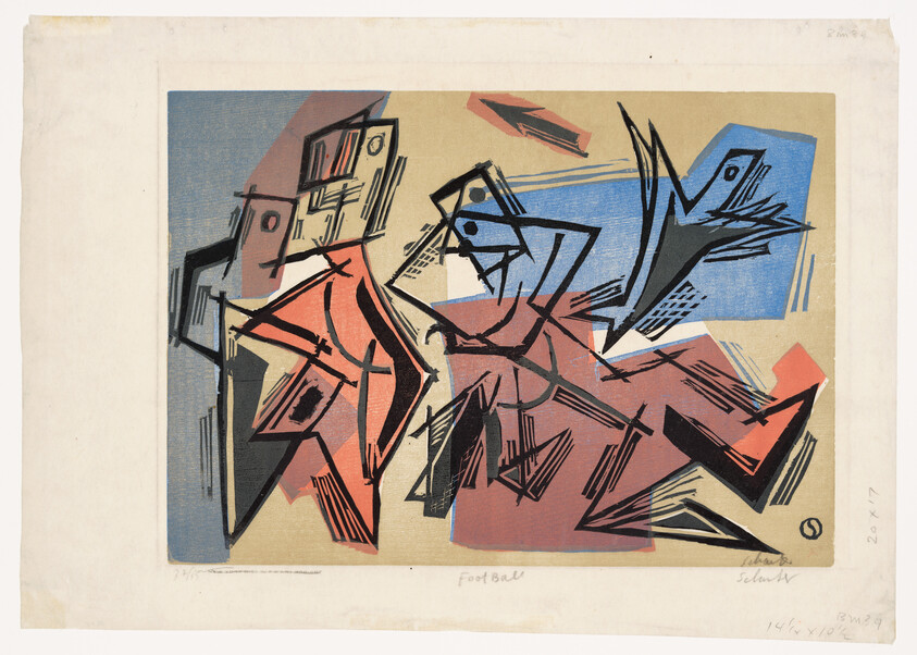 Two angular figures in bold colors collide as if playing a fast, abstract game.