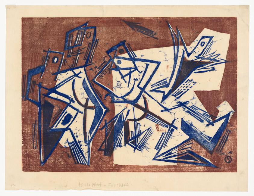 Two angular blue and brown abstract figures appear to run and reach across the print.