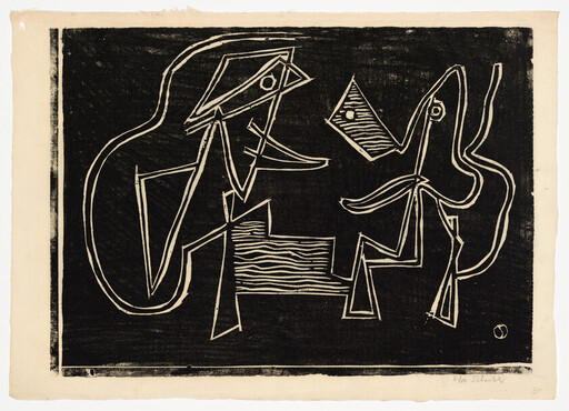 Two abstract angular figures outlined in white face each other against a solid black background.