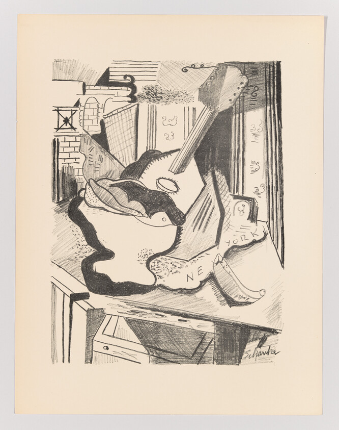 An abstract black and white lithograph featuring a collage of various shapes and forms, with elements that suggest urban structures and text fragments including "New York." The artwork is signed by the artist at the bottom right.