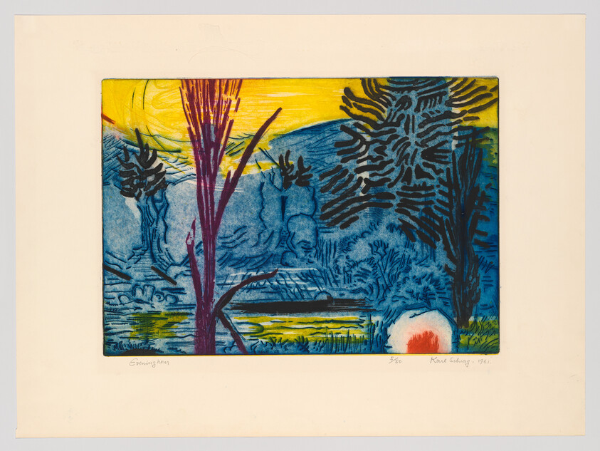 A colorful stylized landscape showing trees by a river with yellow sky and blue hills.