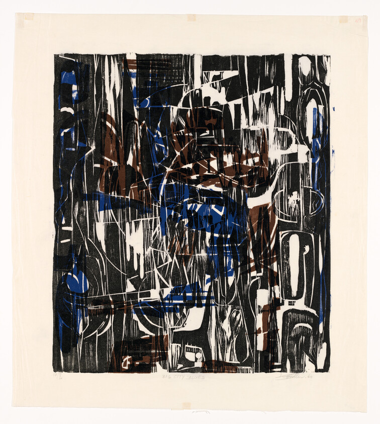 An abstract expressionist print featuring a chaotic overlay of black, white, and blue brushstrokes and markings on a beige paper background. The composition is dense with energetic lines and forms, creating a sense of urban intensity. The words "BIG CITY BLUES" are visible at the bottom.