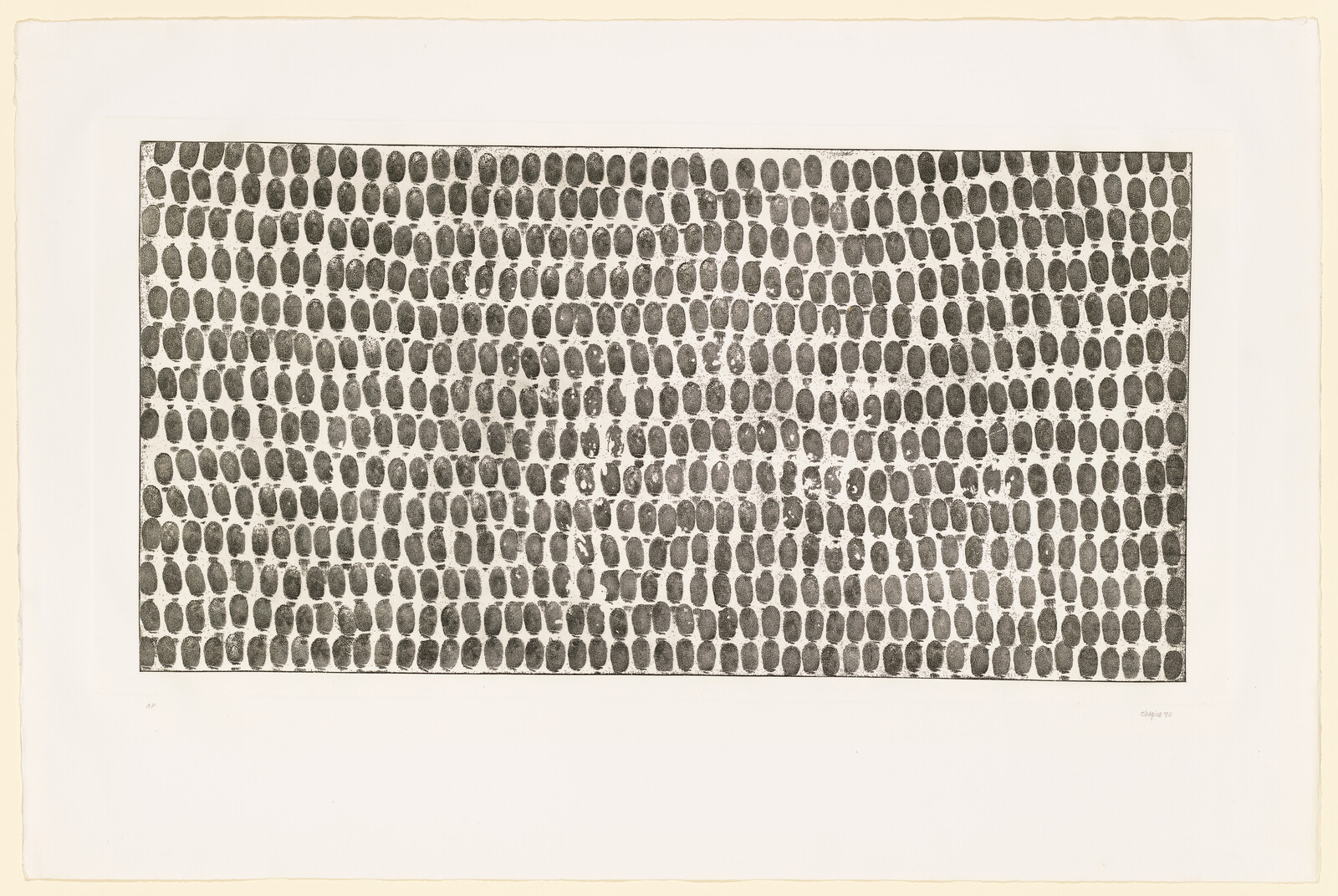 Rows of repeated dark oval marks arranged in a rectangular grid on white paper.