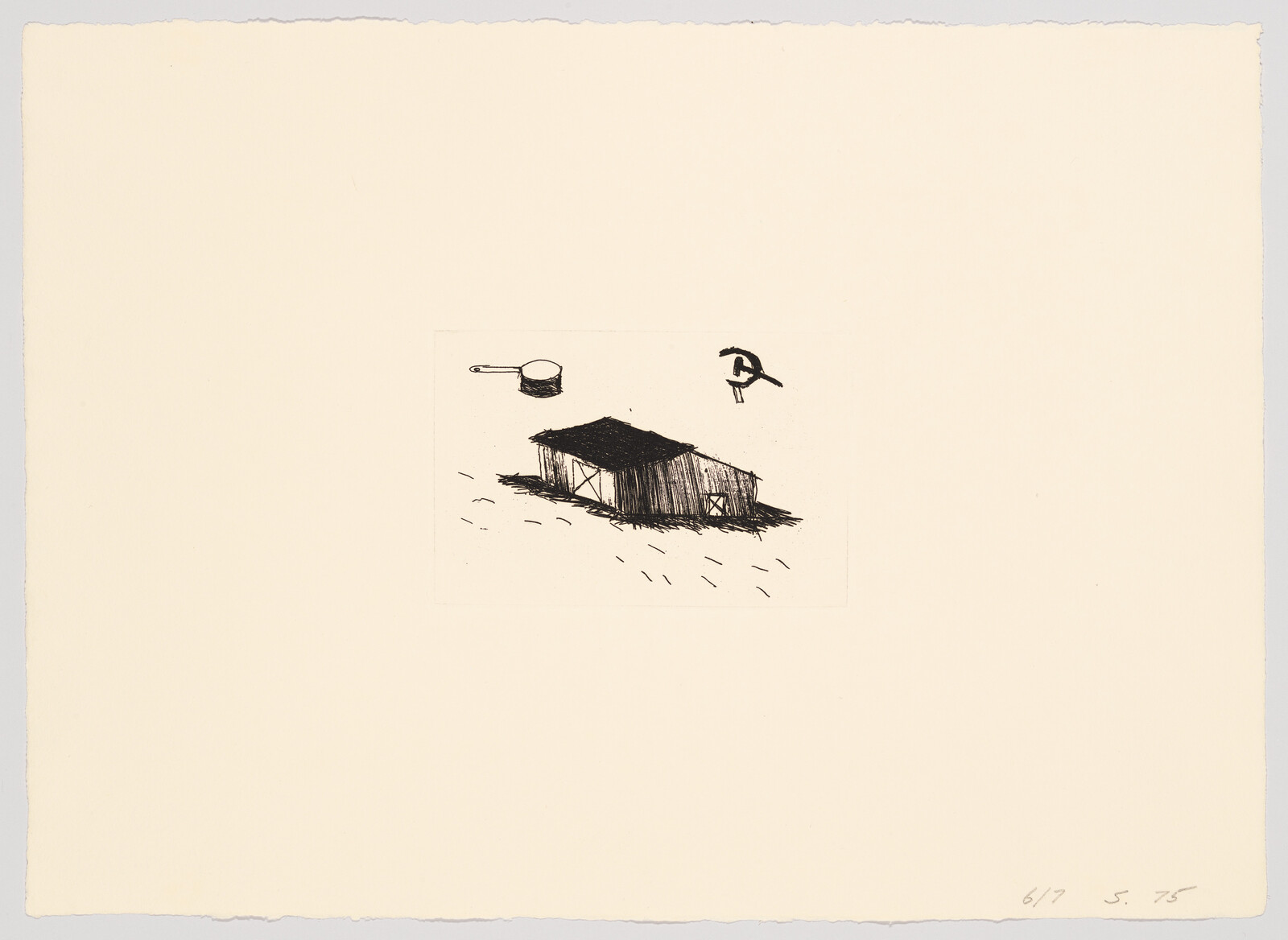 Small pen sketch of a wooden shed on open ground with a saucepan and hammer above.