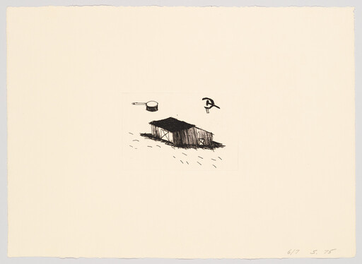 Small pen sketch of a wooden shed on open ground with a saucepan and hammer above.