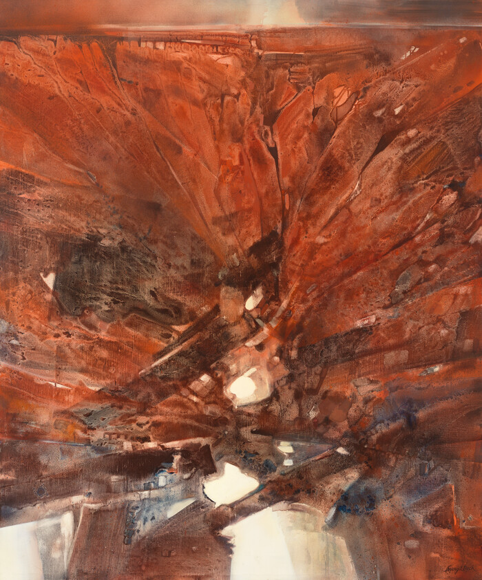 Abstract painting with reddish-brown bursts and lighter central highlights suggesting depth and movement.