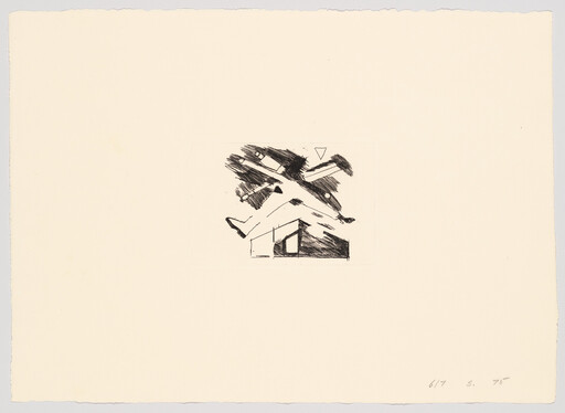 Small abstract black ink drawing of angular shapes and a house-like structure centered on cream paper.