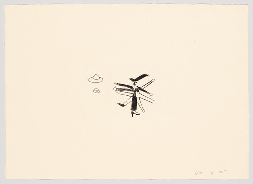 Small ink sketch of a figure with multiple outstretched limbs and two floating hats.