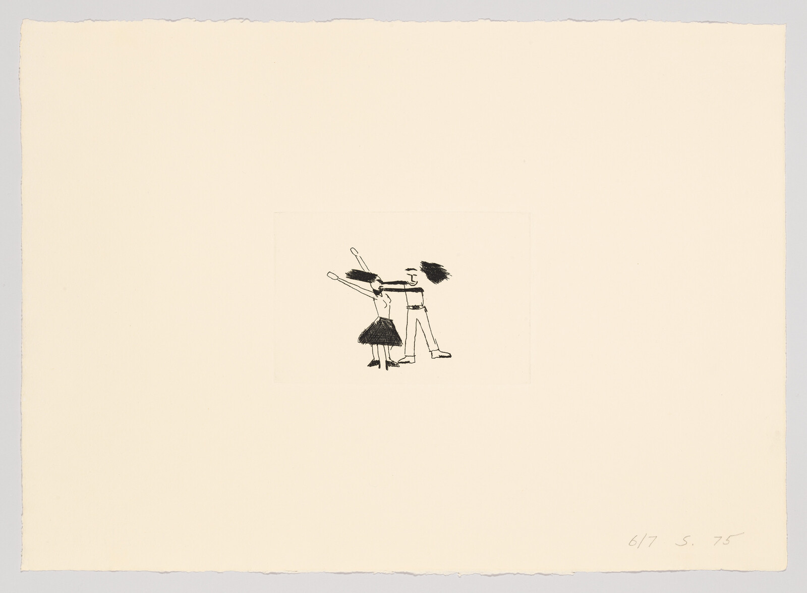 A small ink drawing of a boy and girl dancing with their arms outstretched.