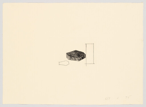 A small shaded pentagonal house sketch sits near a scale marker and a separate outline.