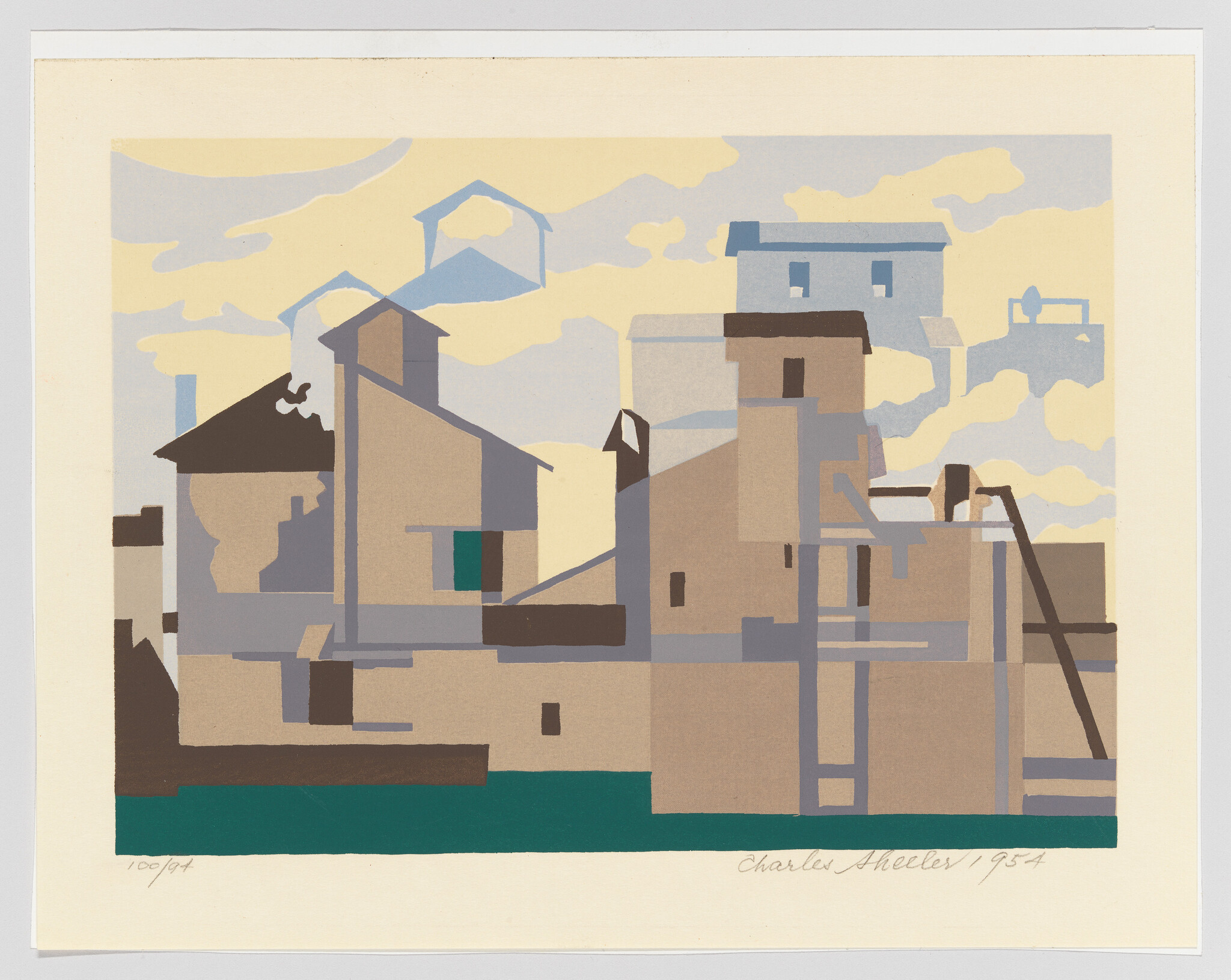 Silhouetted blocky buildings and warehouses along a waterfront under a cloudy sky.