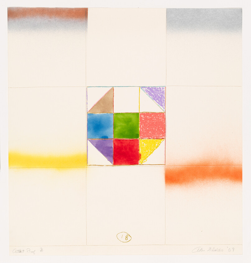 A small colorful nine-square grid with triangles sits in the center of a pale paper with horizontal color bands.