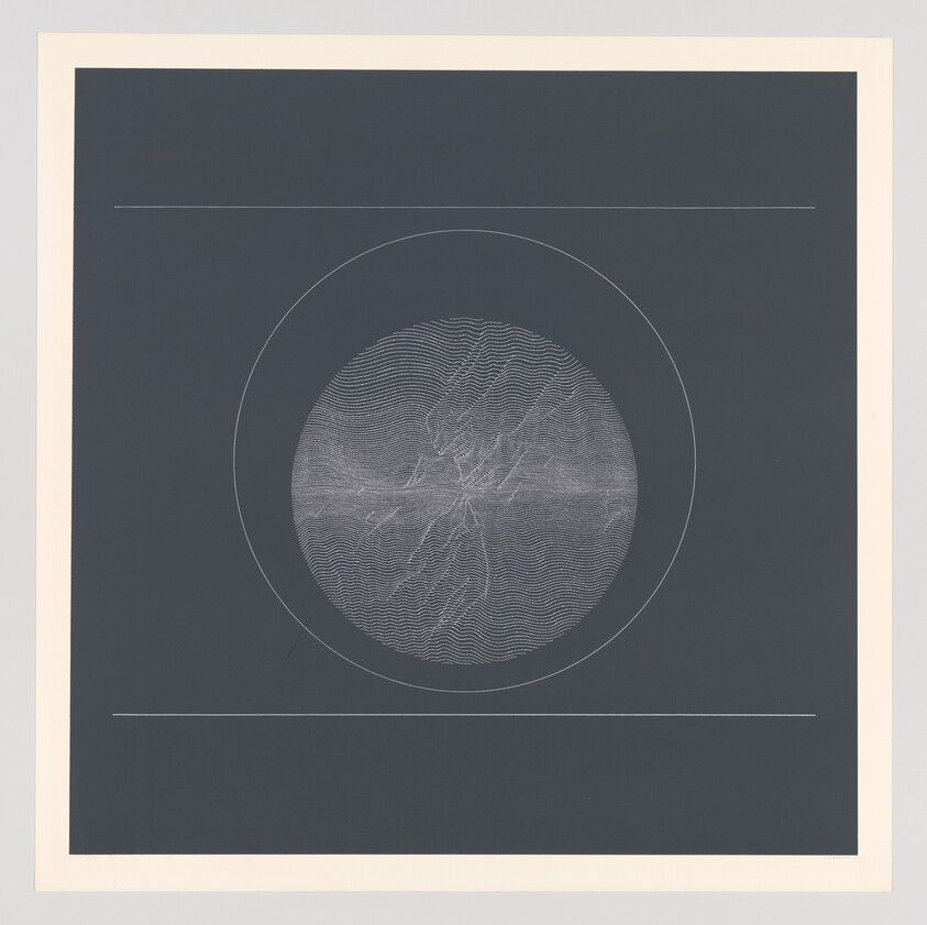 A dark square shows a centered circular field of white wavy contour lines with thin horizontal lines.