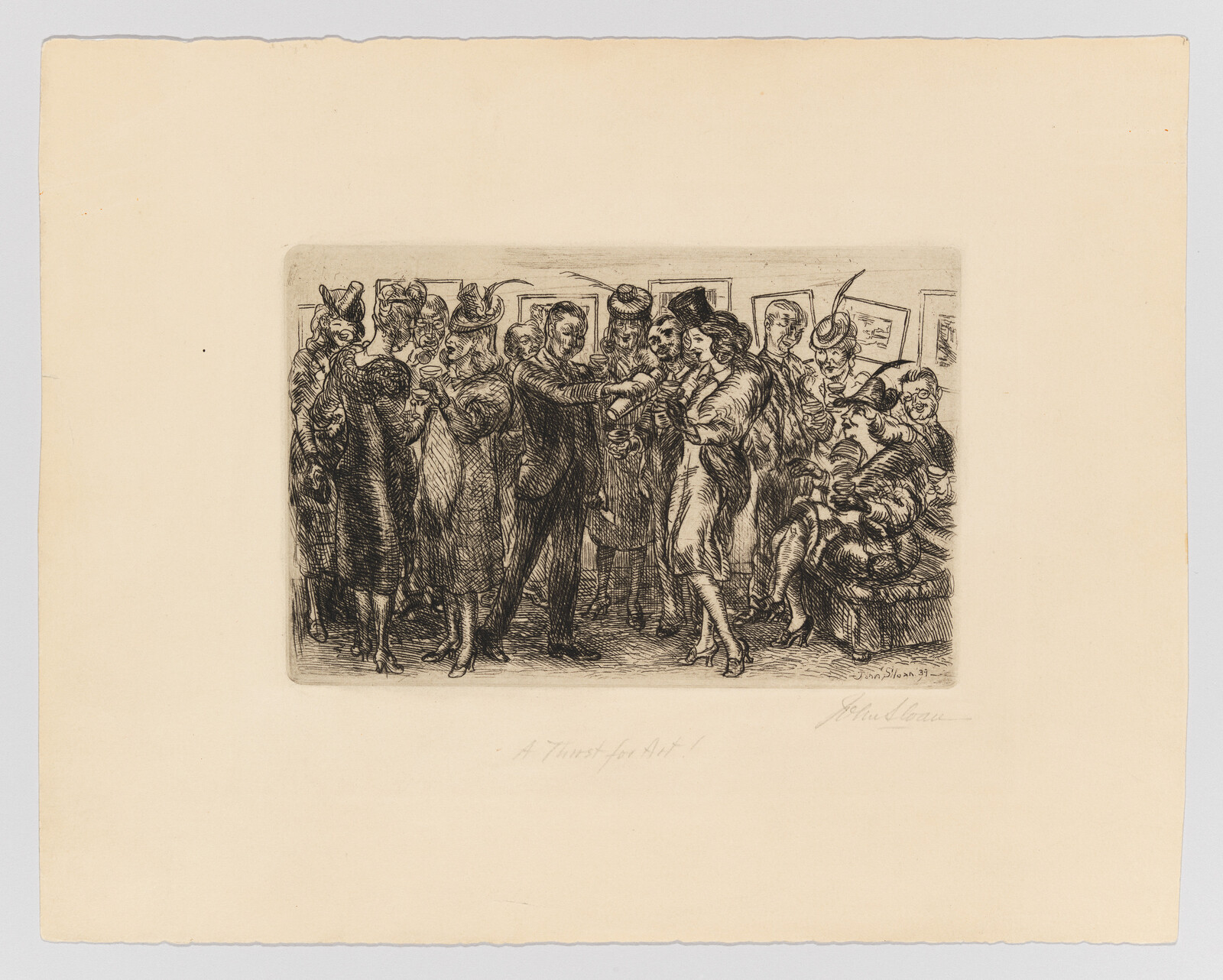An etching depicting a lively gathering of elegantly dressed individuals, possibly at a social event or party, with some figures engaged in conversation and others observing the scene. The artwork is detailed, with attention to the textures of clothing and expressions, and is signed by the artist in the lower right corner.