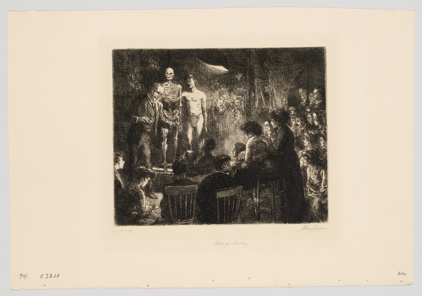 A group of people watch a lecturer compare a skeleton and a nude model on a small stage.