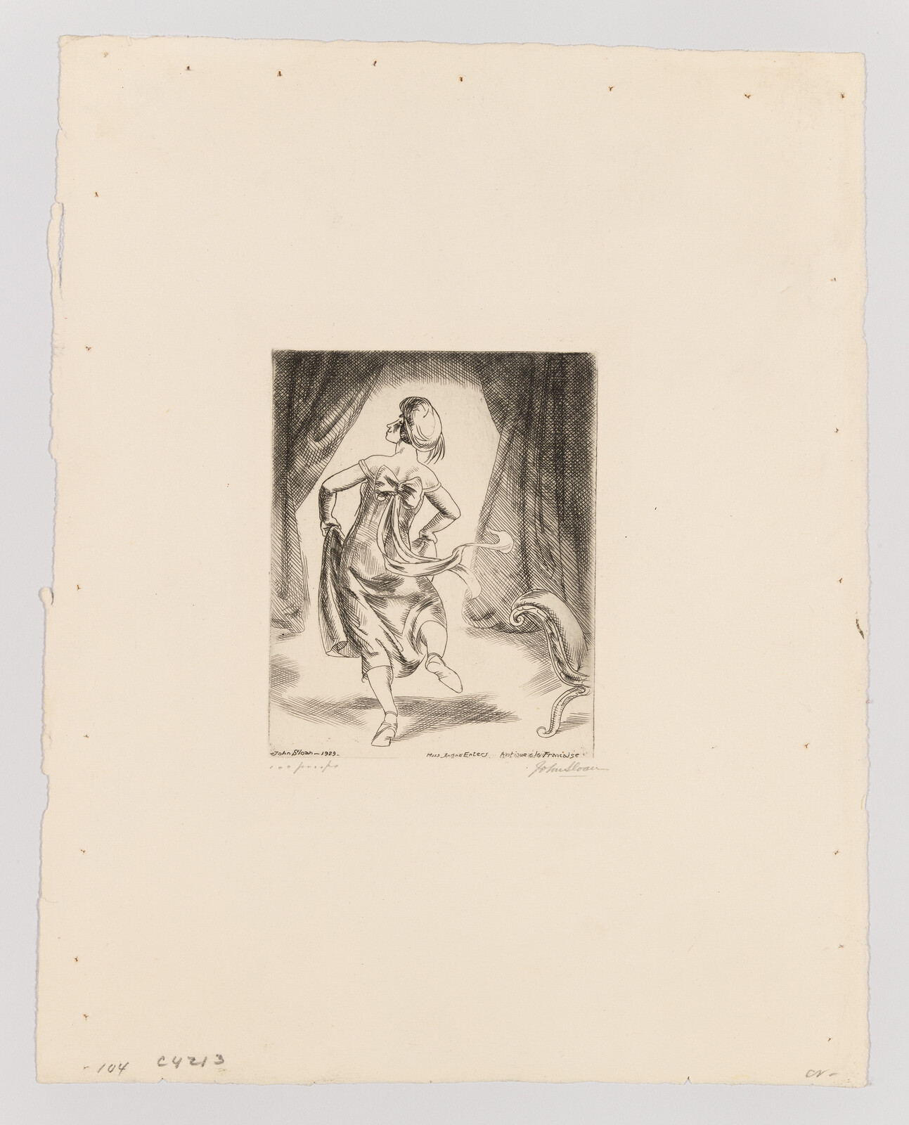 A woman in a flowing dress steps confidently onto a stage through heavy curtains.