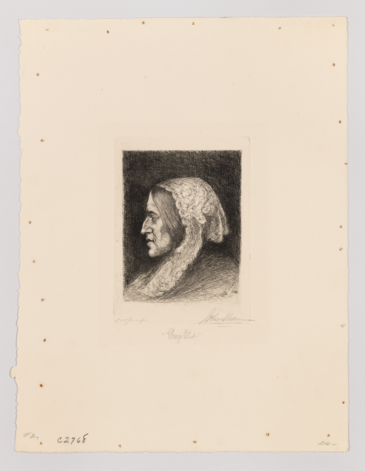 Etched portrait of an elderly woman in profile wearing a lace cap and shawl.