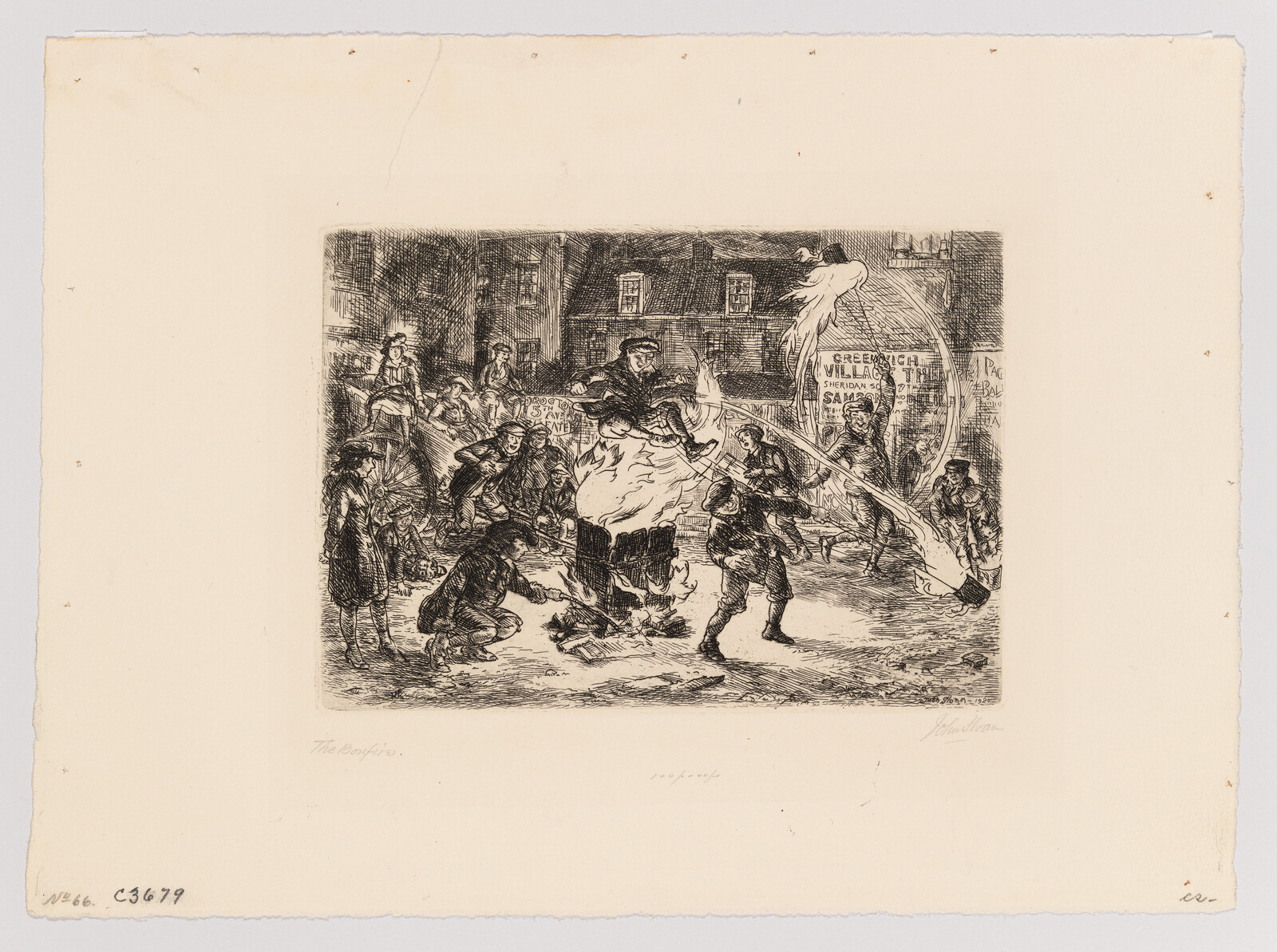 Children and townspeople gather at night around a large street bonfire while one boy jumps over it.