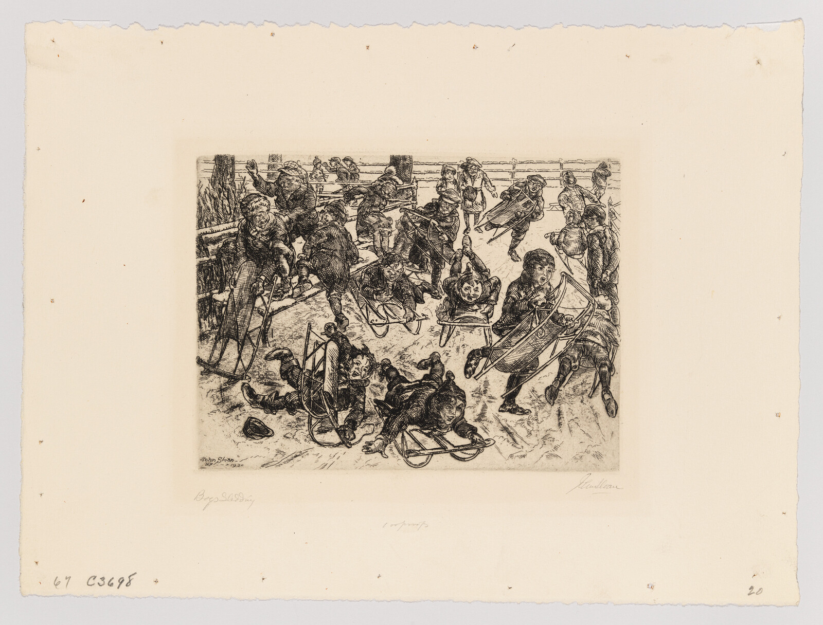 Children tumble and slide on sleds across a crowded snowy rink near a wooden fence.