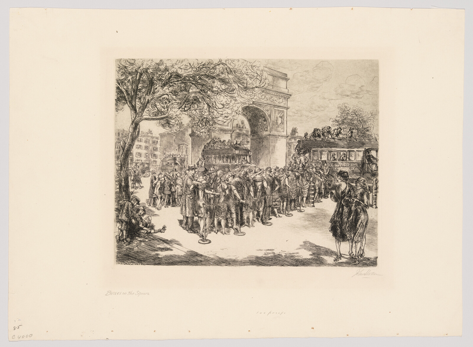 A long line of people waiting to board double-decker buses under a large city arch.