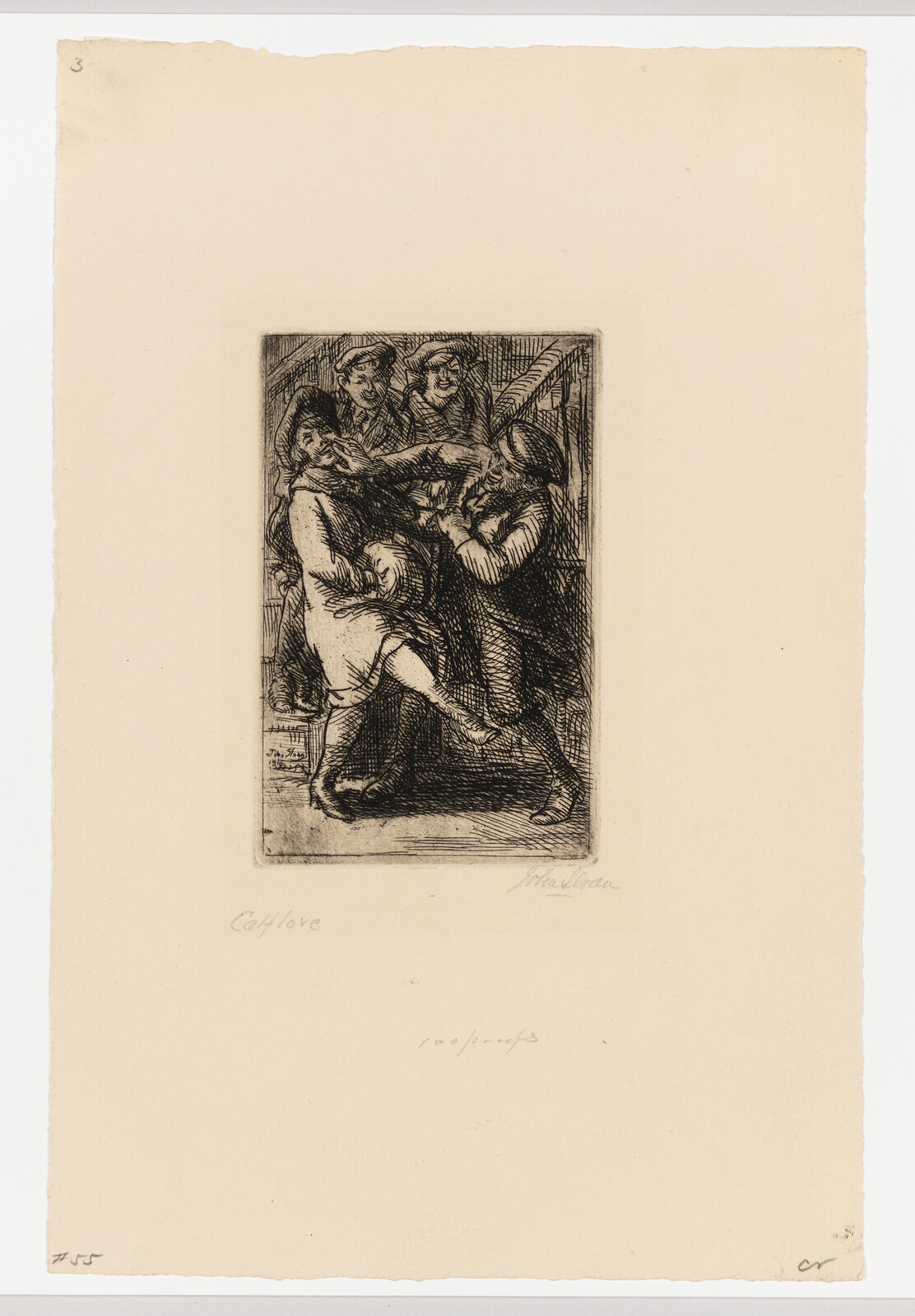 Etching of four figures, one with a sword, in a dynamic, crowded composition, signed "Goya" on a paper with handwritten notes.