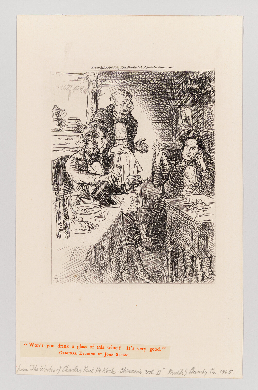 A waiter offers wine while one man pours and another declines, showing a reluctant guest.