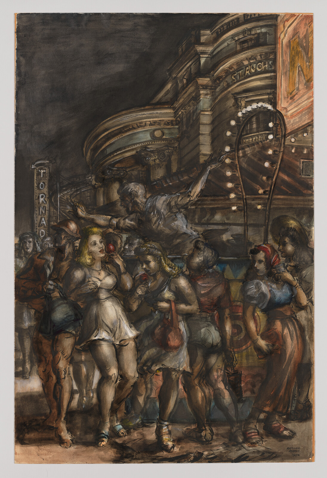 Several women stand and eat apples in front of a crowded, illuminated theater entrance at night.