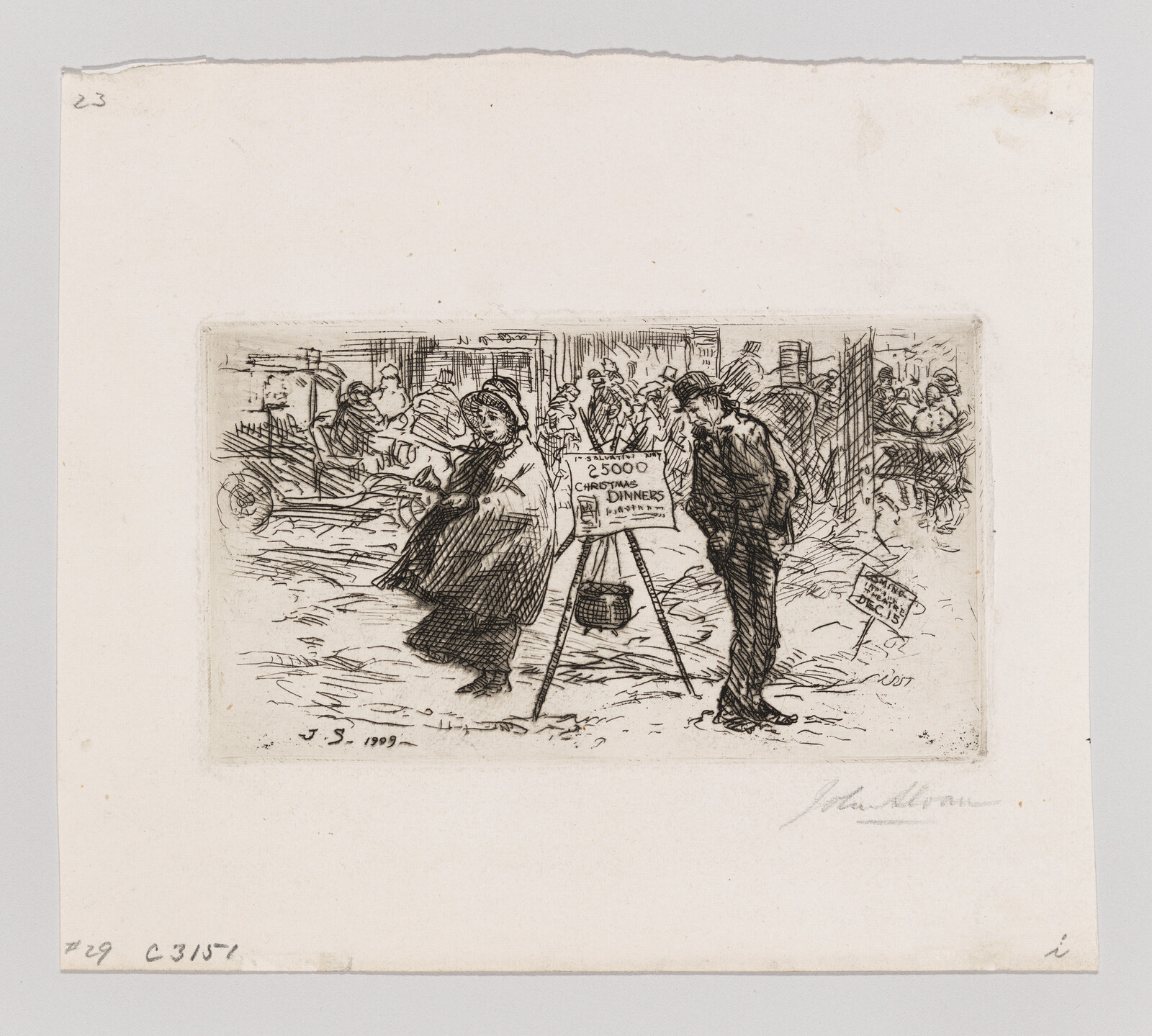 A woman and a man stand by a sign asking for 25,000 Christmas dinners while people pass.