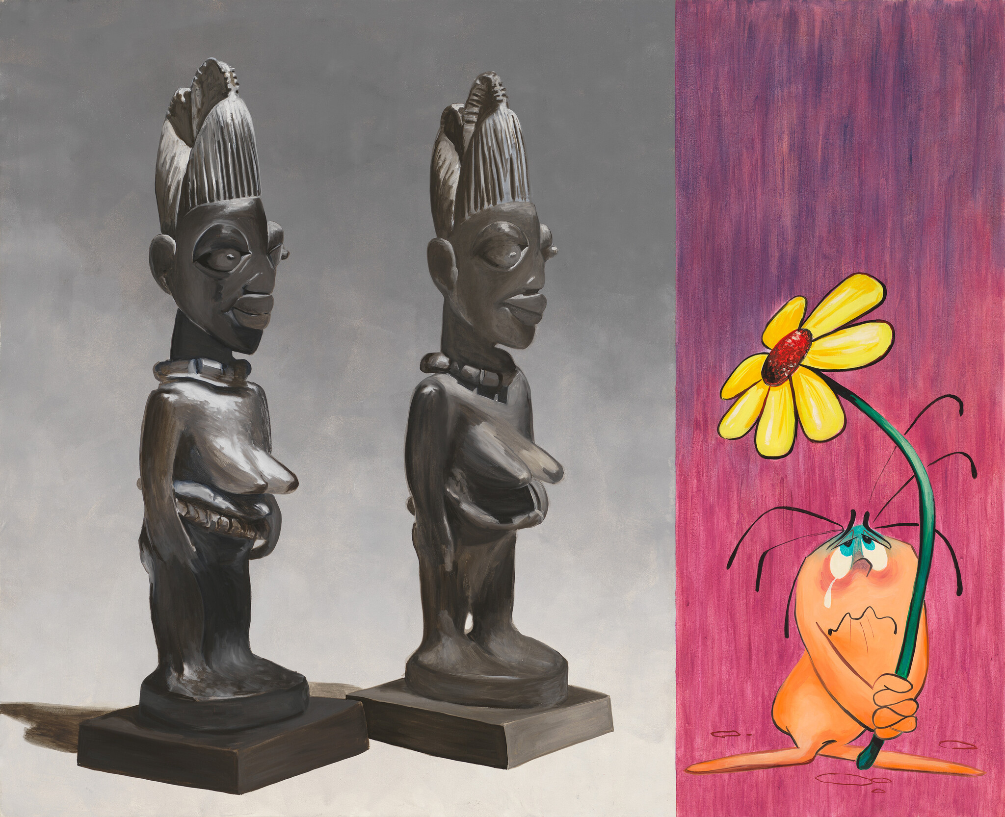 Two wooden statues on the left, and a cartoonish orange creature holding a yellow flower with a sad expression on the right.