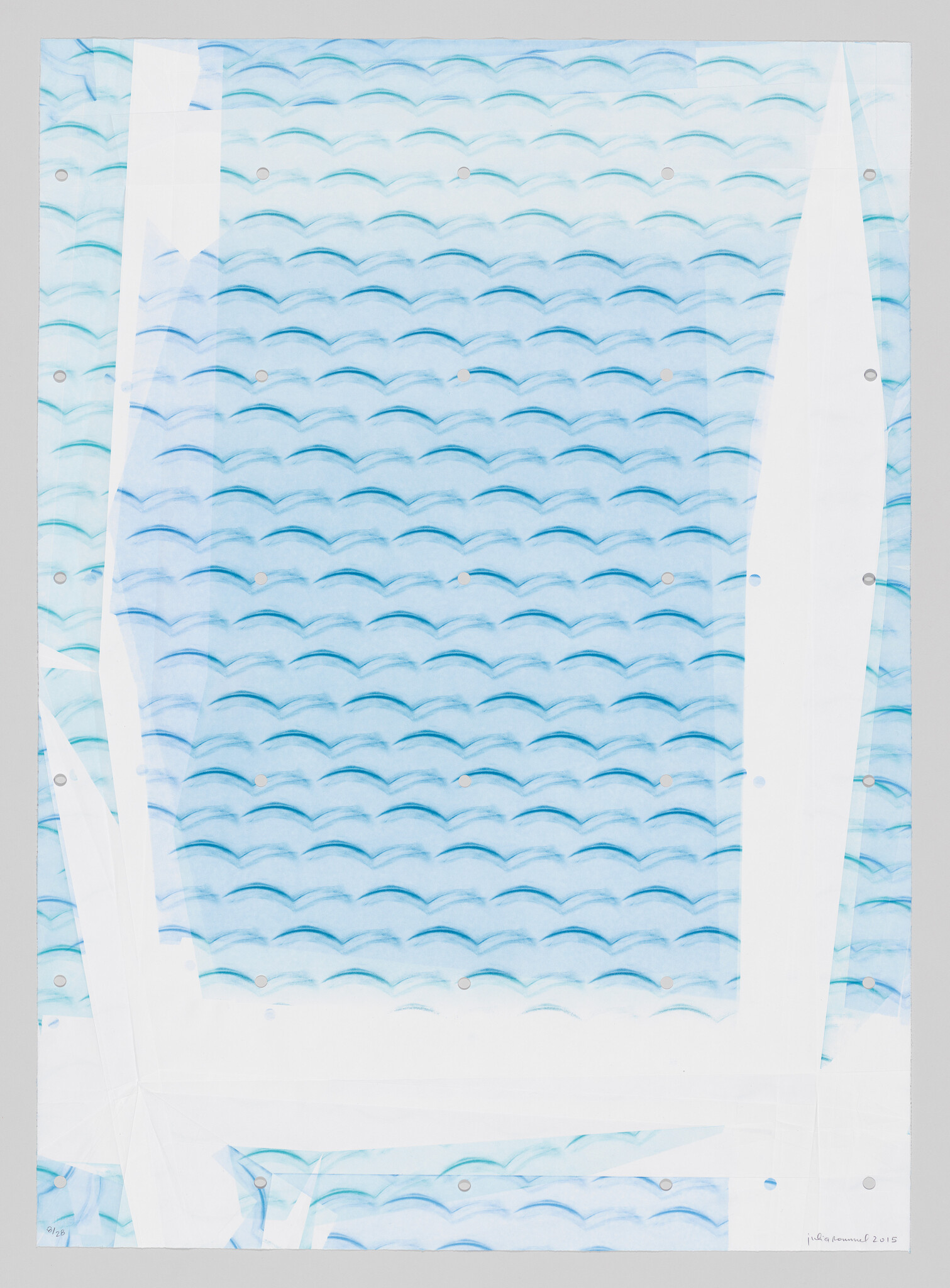 Large sheet with repeating blue wave brush strokes framed by white tape and small round holes.