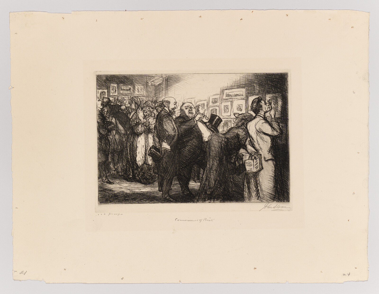 A crowded gallery audience closely examines framed artworks while some viewers lean and use magnifiers.