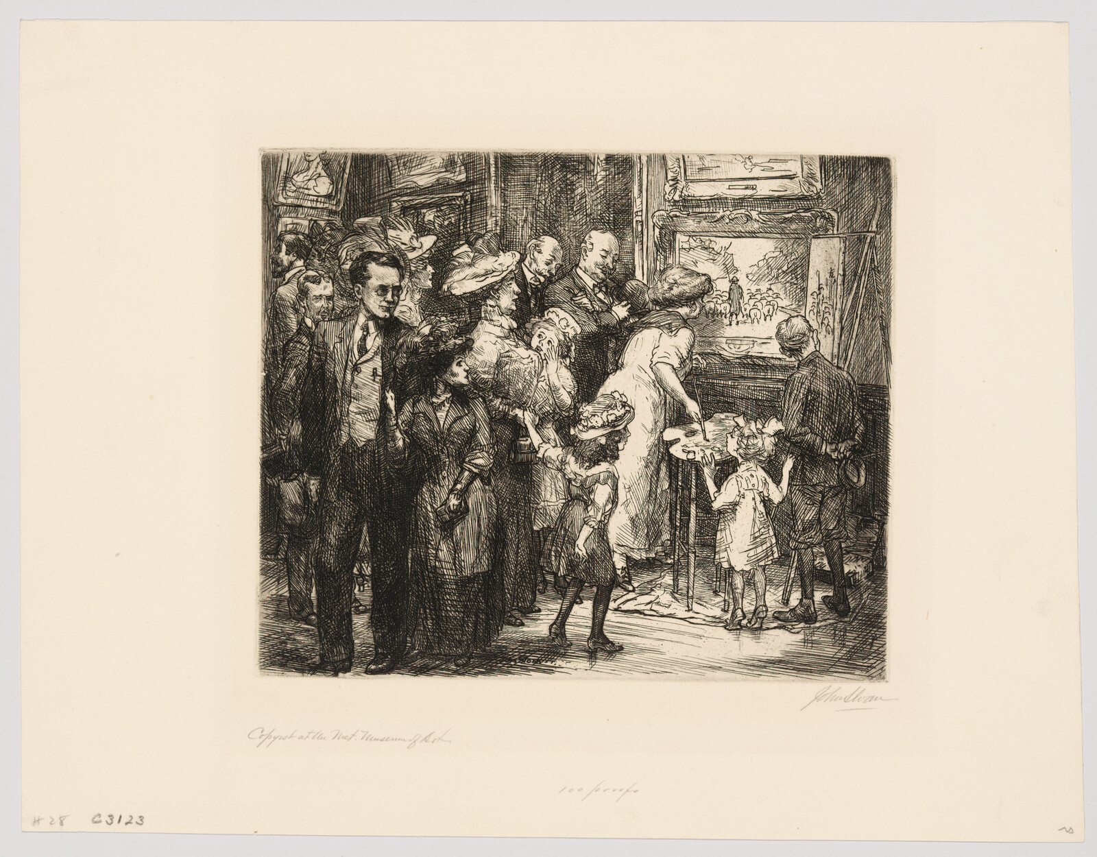 A crowded gallery scene with visitors closely viewing a painting while an artist paints nearby.